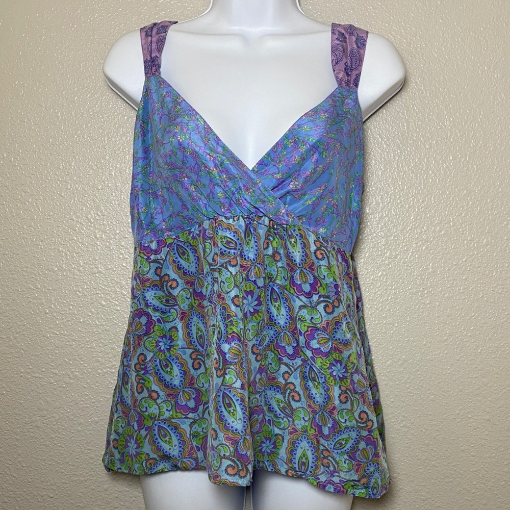 Garnet Hill 100% Silk Camisole Size 10 Paisley Patchwork Bohemian Y2K Fairy